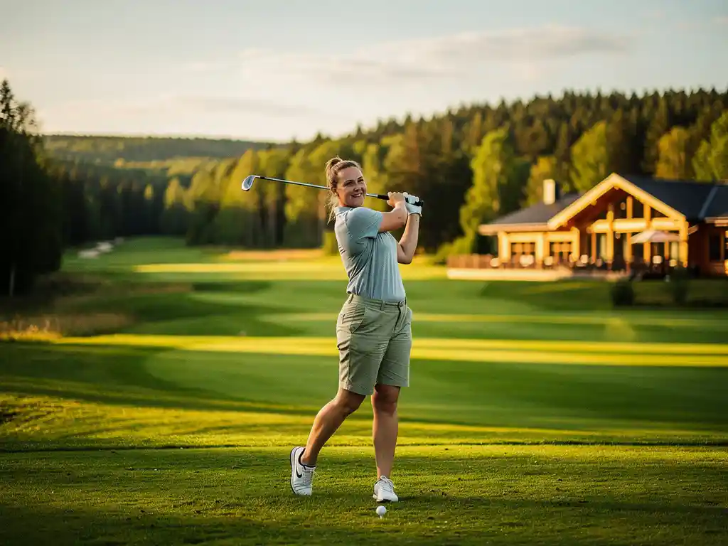 Aloitteleva golfari lyö ensimmäistä lyöntiään Otepään luonnonpuiston vihreällä fairwaylla Virossa, taustalla klubitalo ja metsäiset kukkulat.