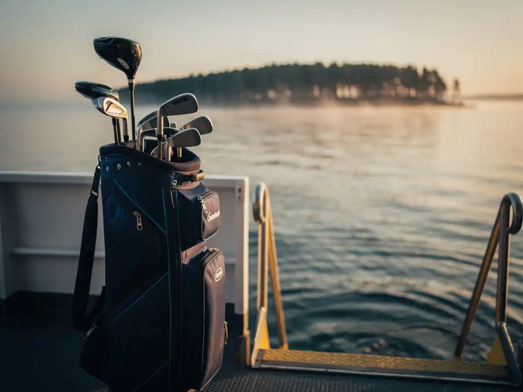 Golflaukku mailoineen lauttalaiturin vieressä aamuauringossa, taustalla Itämeri ja virolainen mäntymetsä sumuisessa horisontissa.